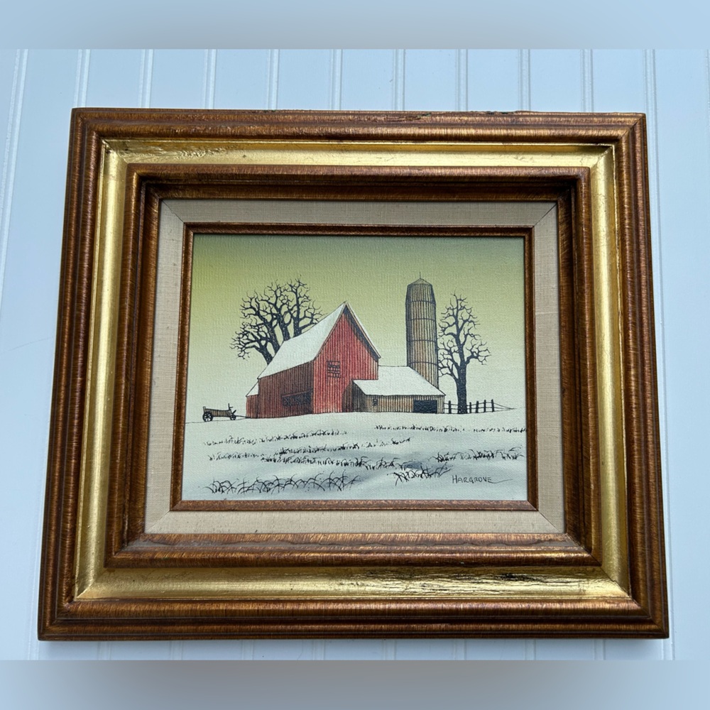 Framed Red Barn Winter Scene Wall Art signed by Hargrove